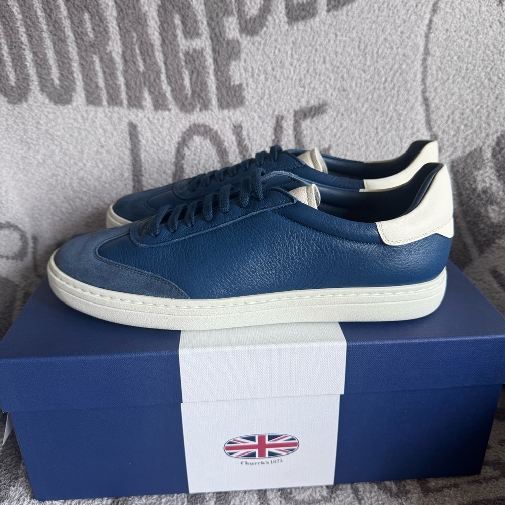 FINAL SALE Church’s  Boland 2 deerskin leather sneakers blue astral Size 9 NWB - Picture 3 of 11